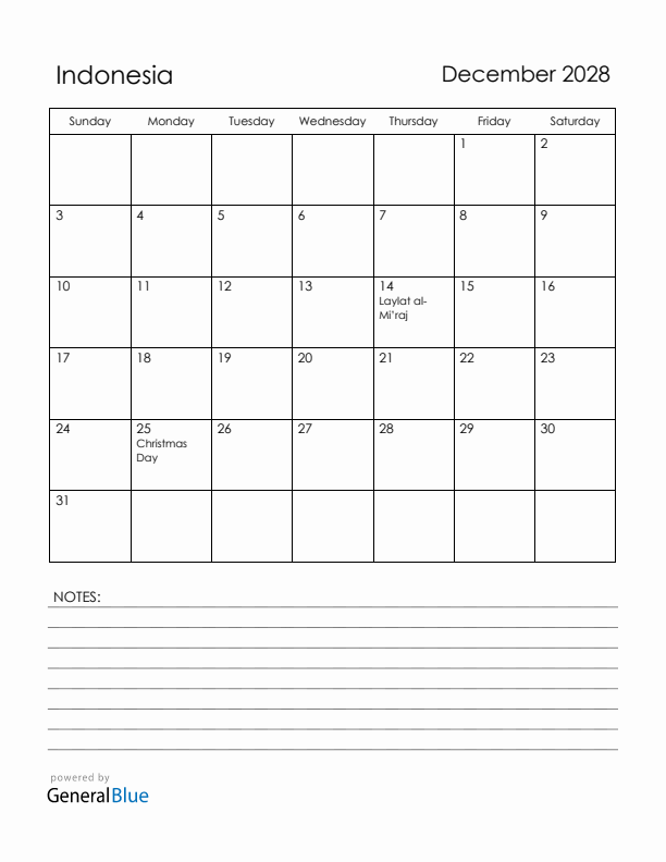 December 2028 Indonesia Calendar with Holidays (Sunday Start)