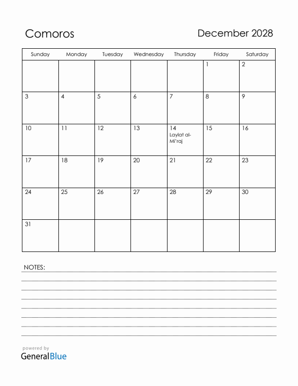 December 2028 Comoros Calendar with Holidays (Sunday Start)