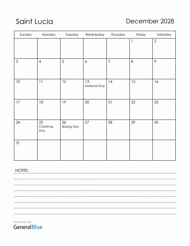 December 2028 Saint Lucia Calendar with Holidays (Sunday Start)