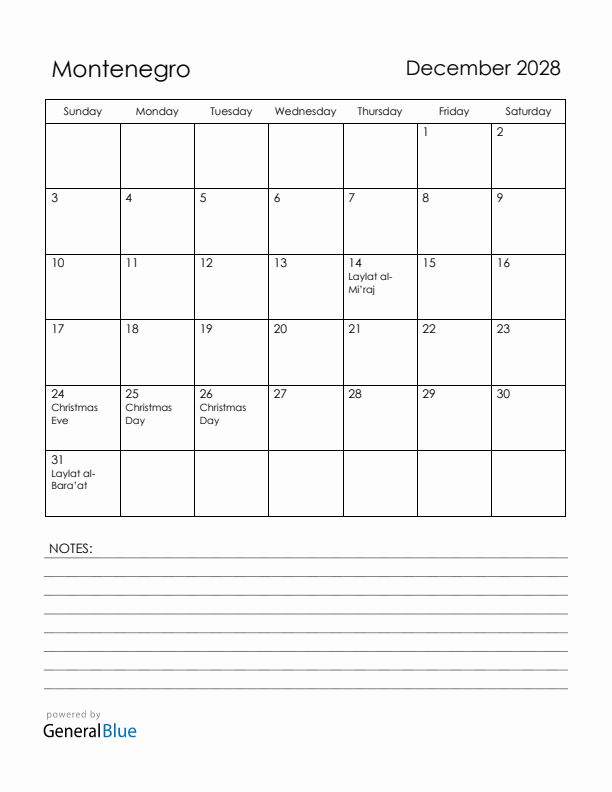 December 2028 Montenegro Calendar with Holidays (Sunday Start)