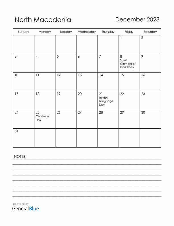 December 2028 North Macedonia Calendar with Holidays (Sunday Start)