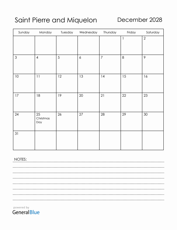 December 2028 Saint Pierre and Miquelon Calendar with Holidays (Sunday Start)