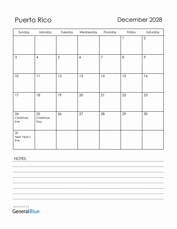 December 2028 Puerto Rico Calendar with Holidays (Sunday Start)
