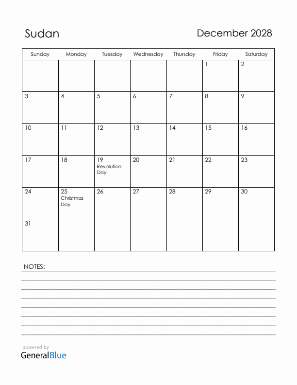 December 2028 Sudan Calendar with Holidays (Sunday Start)