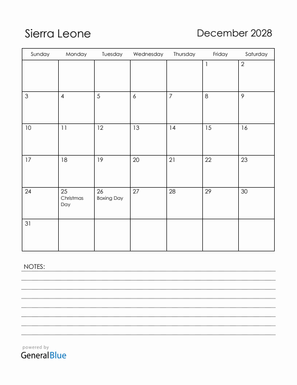 December 2028 Sierra Leone Calendar with Holidays (Sunday Start)