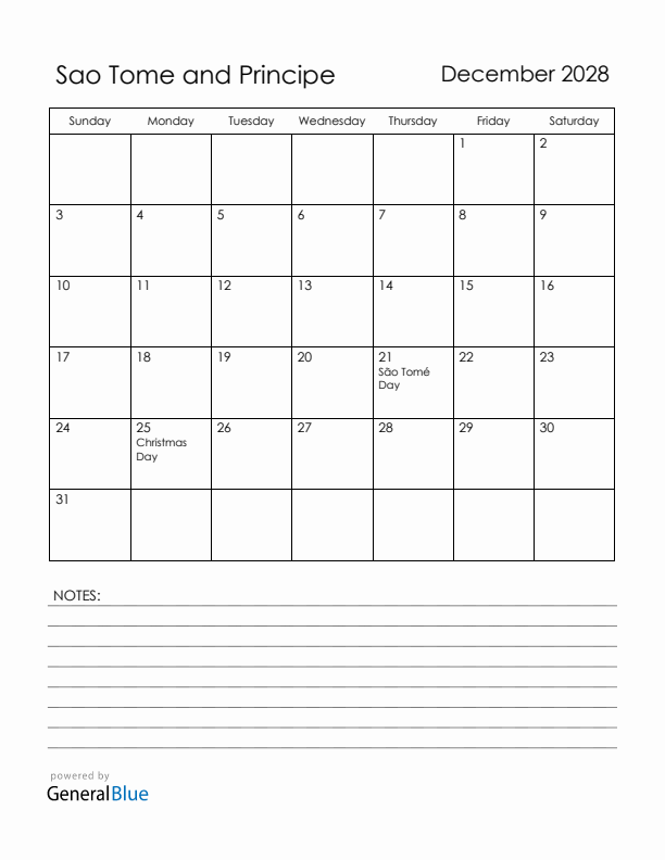 December 2028 Sao Tome and Principe Calendar with Holidays (Sunday Start)