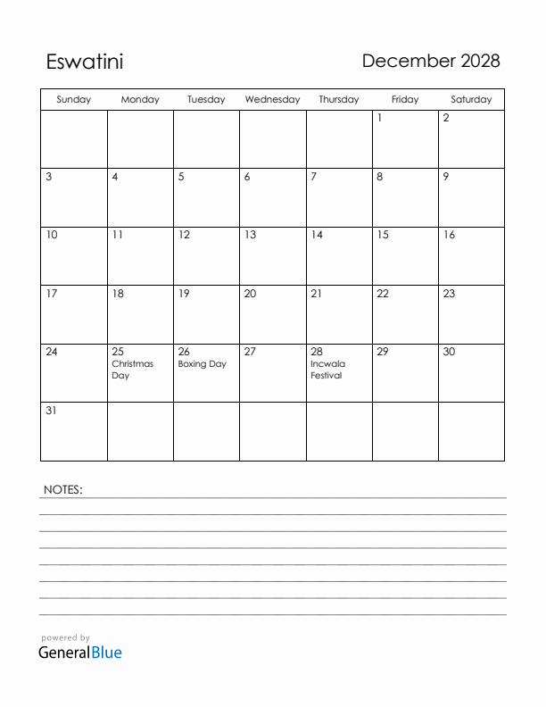 December 2028 Eswatini Calendar with Holidays (Sunday Start)