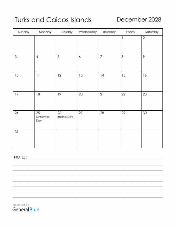 December 2028 Turks and Caicos Islands Calendar with Holidays (Sunday Start)