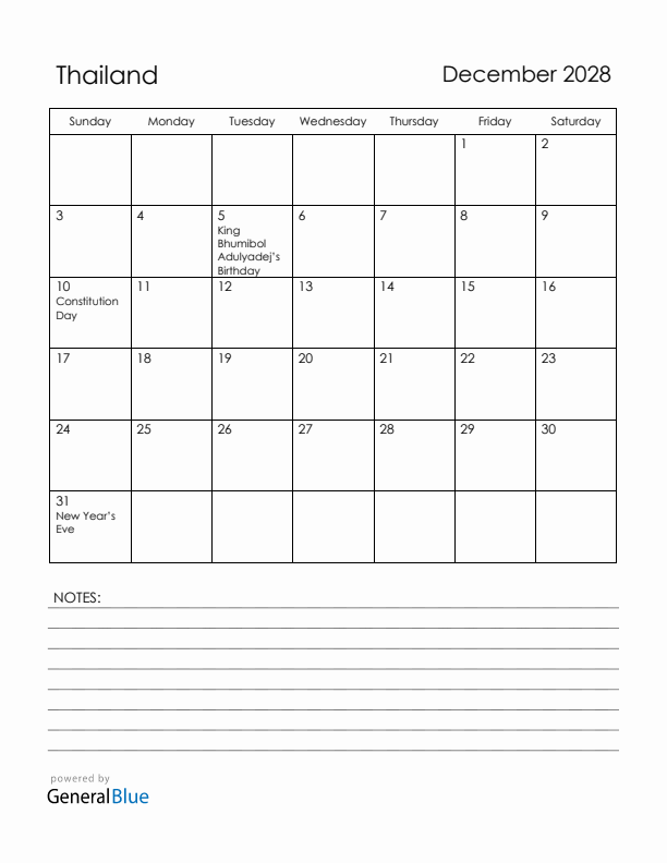 December 2028 Thailand Calendar with Holidays (Sunday Start)