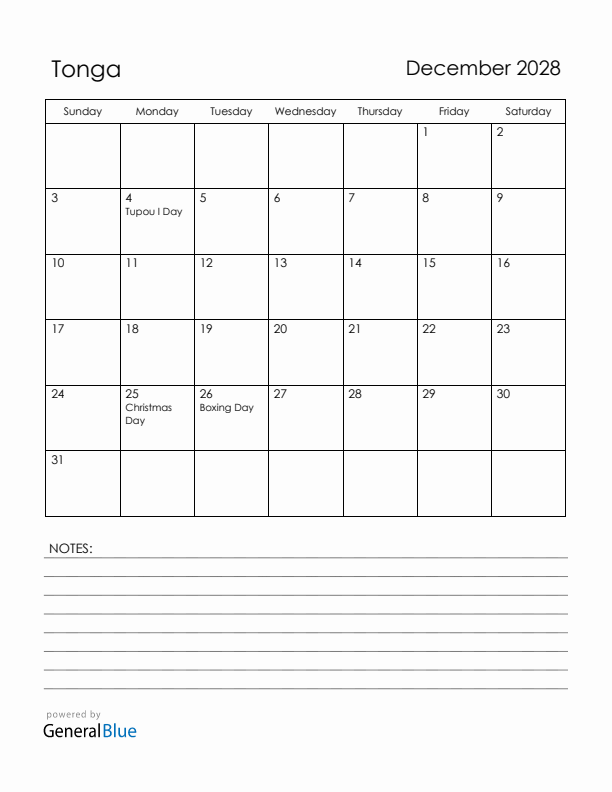 December 2028 Tonga Calendar with Holidays (Sunday Start)