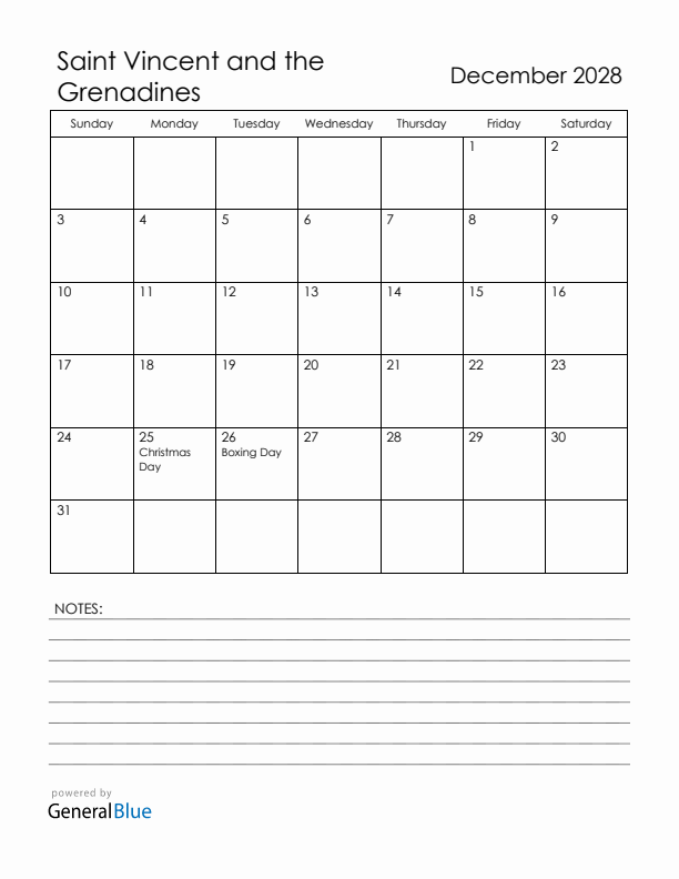 December 2028 Saint Vincent and the Grenadines Calendar with Holidays (Sunday Start)