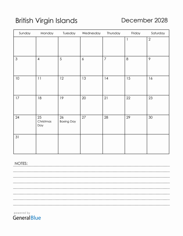 December 2028 British Virgin Islands Calendar with Holidays (Sunday Start)