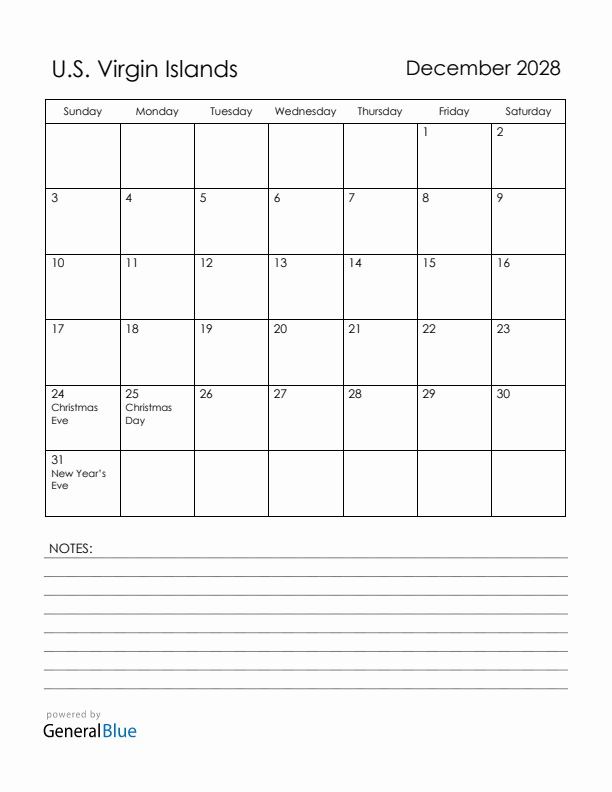 December 2028 U.S. Virgin Islands Calendar with Holidays (Sunday Start)