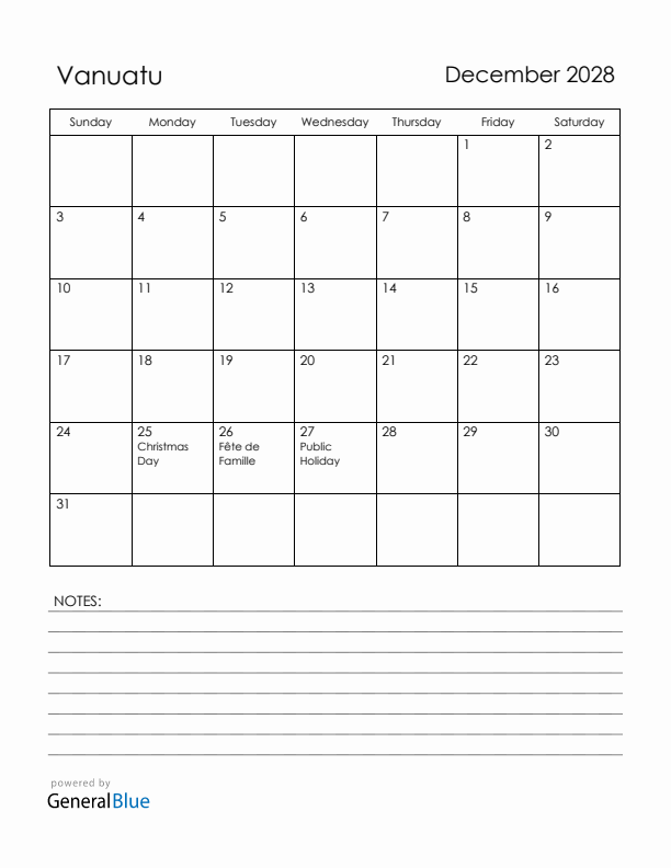 December 2028 Vanuatu Calendar with Holidays (Sunday Start)