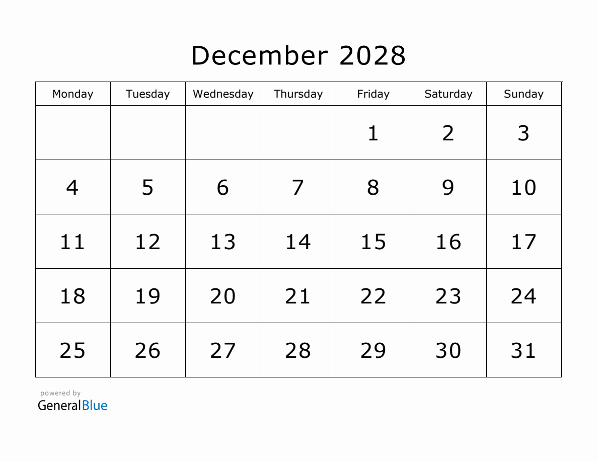 Printable December 2028 Calendar - Monday Start