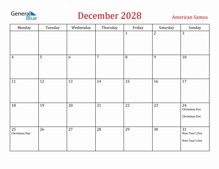 American Samoa December 2028 Calendar - Monday Start