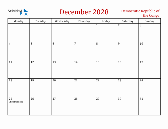 Democratic Republic of the Congo December 2028 Calendar - Monday Start