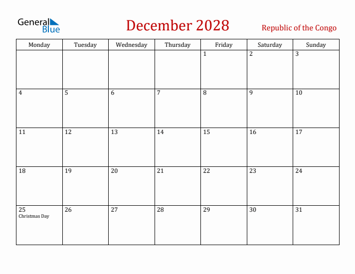 Republic of the Congo December 2028 Calendar - Monday Start