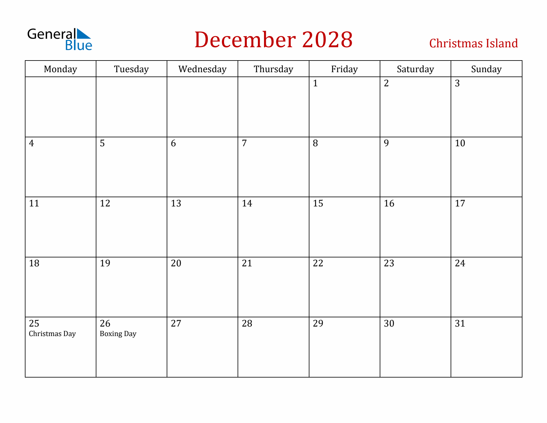 Christmas Island December 2028 Calendar - Monday Start