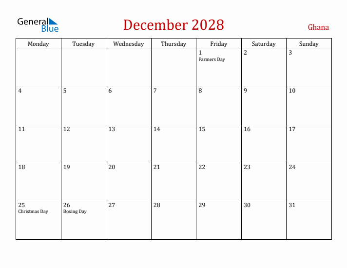 Ghana December 2028 Calendar - Monday Start