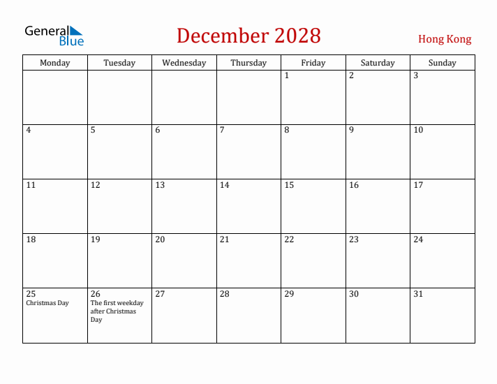 Hong Kong December 2028 Calendar - Monday Start