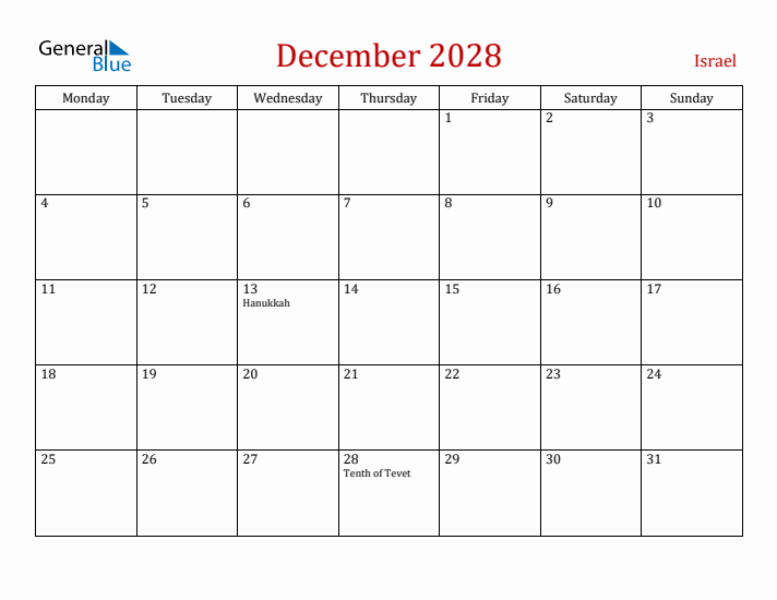 Israel December 2028 Calendar - Monday Start
