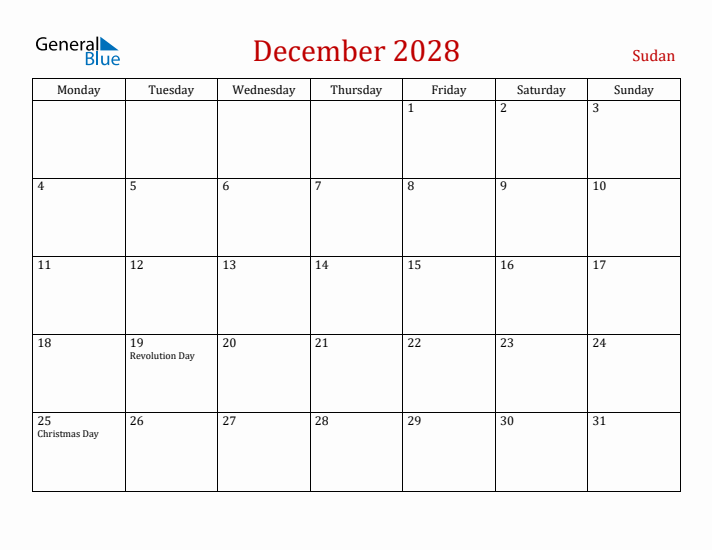 Sudan December 2028 Calendar - Monday Start