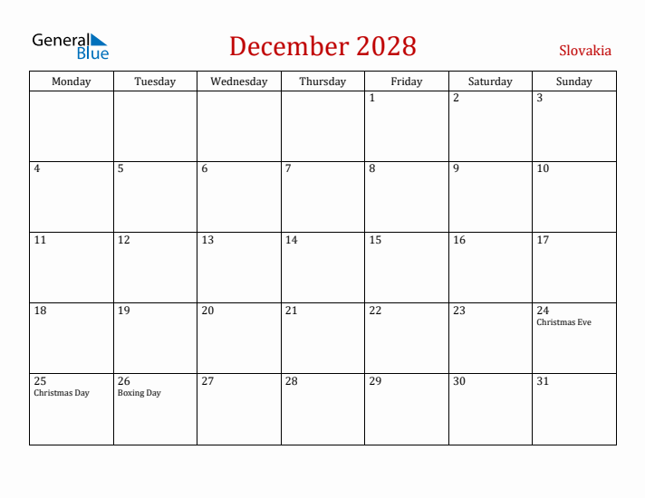 Slovakia December 2028 Calendar - Monday Start