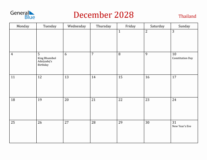 Thailand December 2028 Calendar - Monday Start