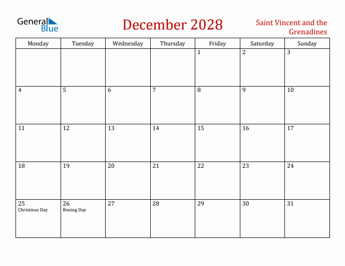 Saint Vincent and the Grenadines December 2028 Calendar - Monday Start
