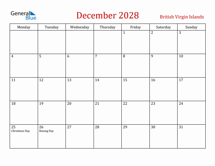 British Virgin Islands December 2028 Calendar - Monday Start