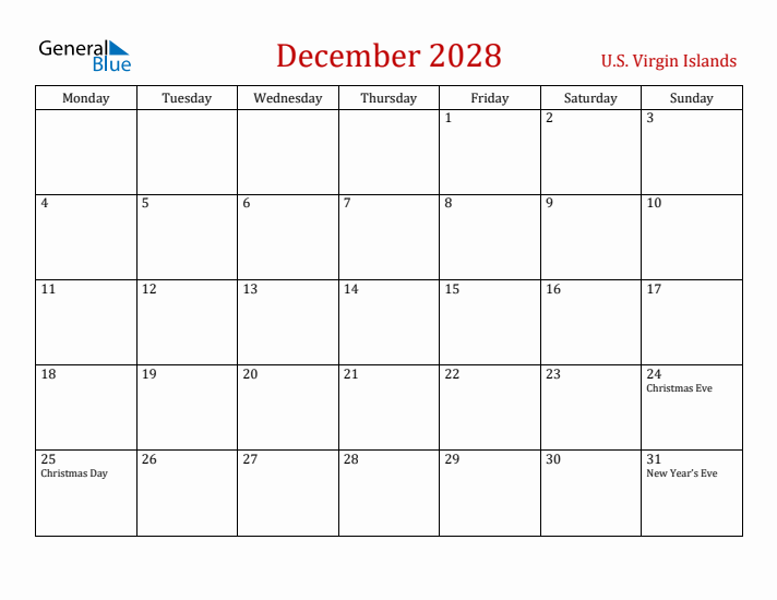U.S. Virgin Islands December 2028 Calendar - Monday Start