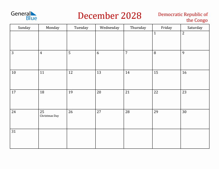 Democratic Republic of the Congo December 2028 Calendar - Sunday Start
