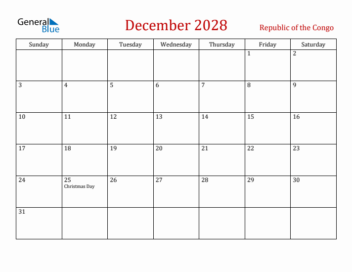 Republic of the Congo December 2028 Calendar - Sunday Start
