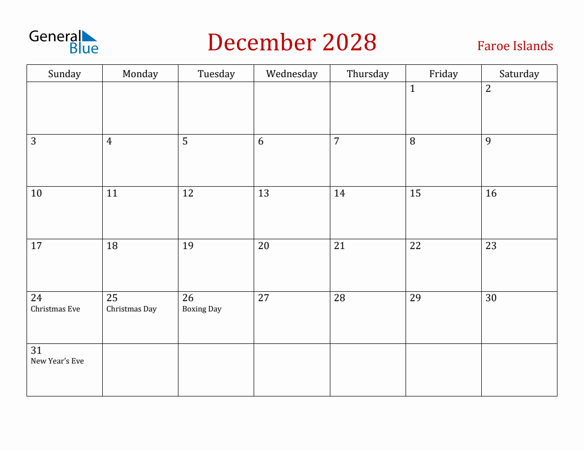 December 2028 Faroe Islands Monthly Calendar with Holidays