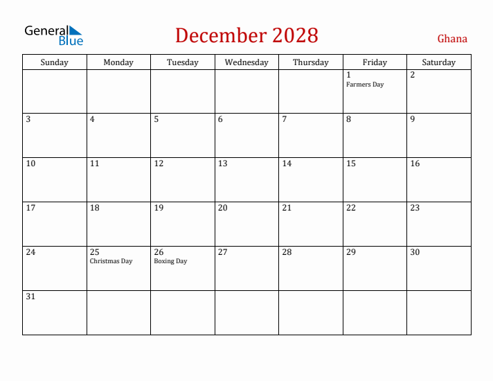 Ghana December 2028 Calendar - Sunday Start