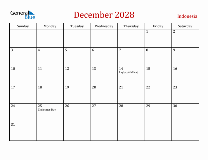 Indonesia December 2028 Calendar - Sunday Start