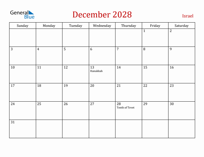 Israel December 2028 Calendar - Sunday Start