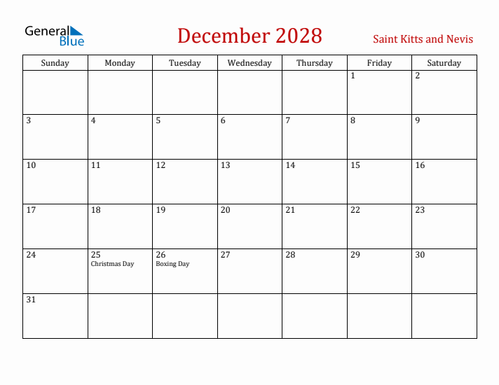 Saint Kitts and Nevis December 2028 Calendar - Sunday Start