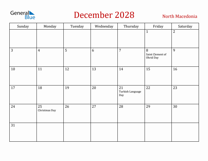 North Macedonia December 2028 Calendar - Sunday Start