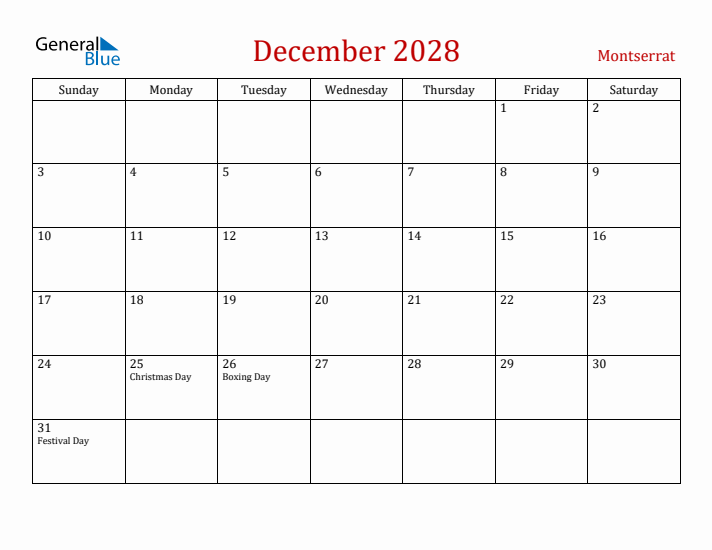 Montserrat December 2028 Calendar - Sunday Start