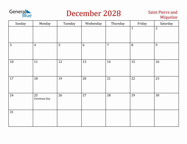 Saint Pierre and Miquelon December 2028 Calendar - Sunday Start