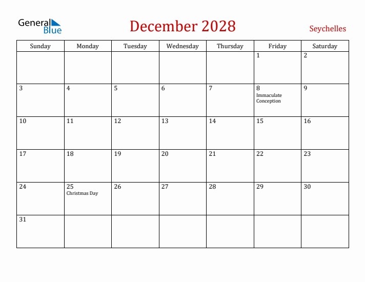Seychelles December 2028 Calendar - Sunday Start