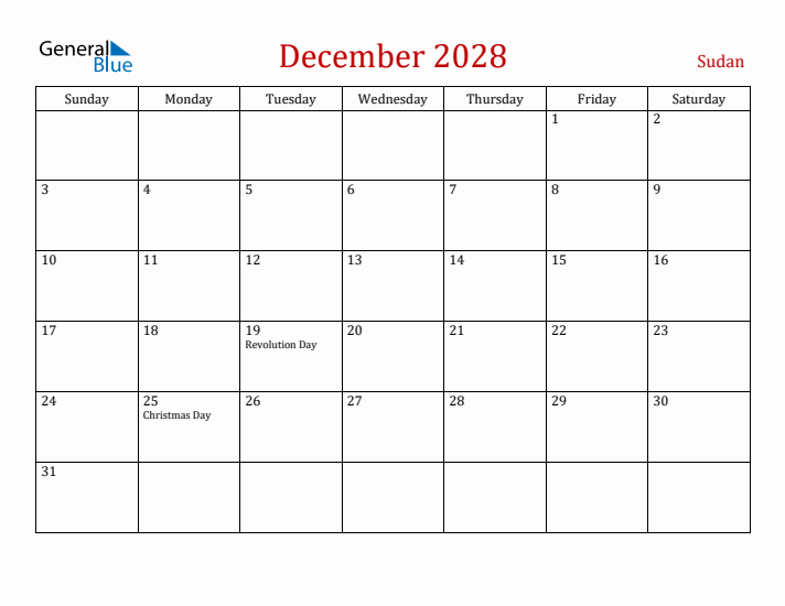 Sudan December 2028 Calendar - Sunday Start