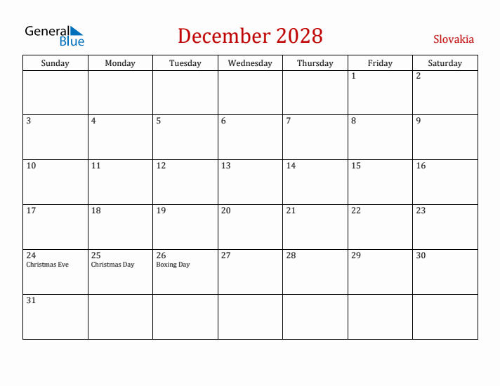 Slovakia December 2028 Calendar - Sunday Start