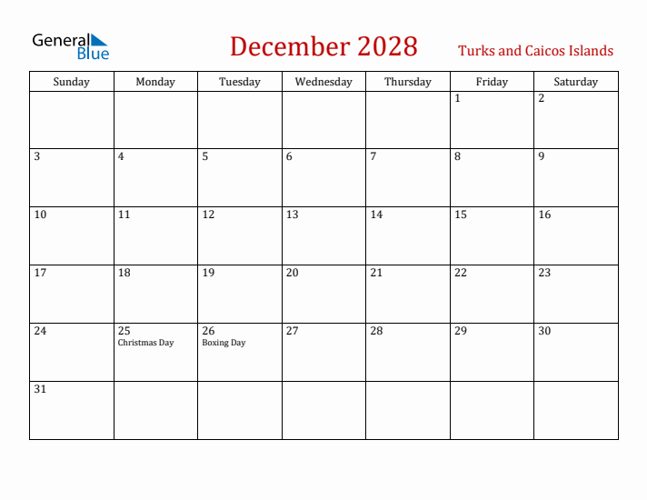 Turks and Caicos Islands December 2028 Calendar - Sunday Start