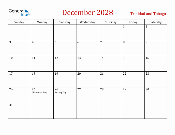 Trinidad and Tobago December 2028 Calendar - Sunday Start