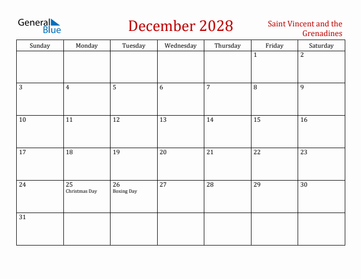 Saint Vincent and the Grenadines December 2028 Calendar - Sunday Start