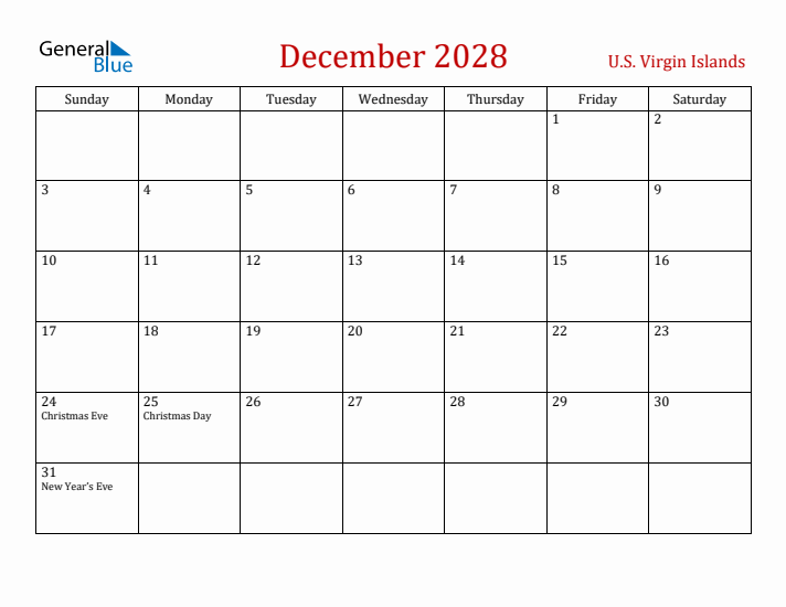 U.S. Virgin Islands December 2028 Calendar - Sunday Start