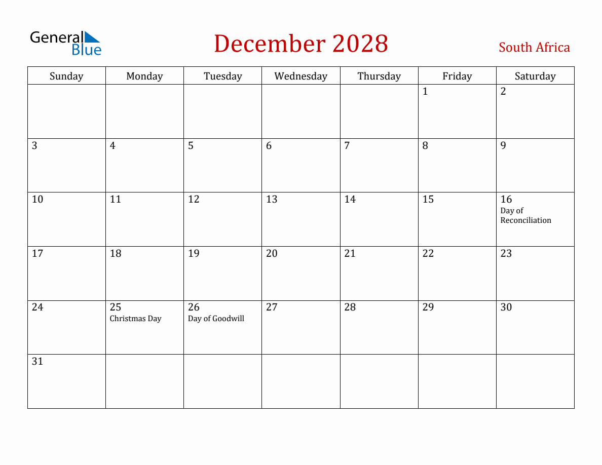 December 2028 South Africa Monthly Calendar with Holidays